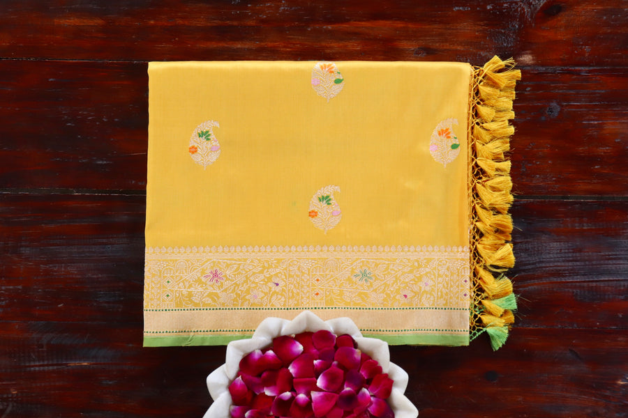 Yellow pure Katan silk Banarasi saree with Kairy paisley motifs, draped for the camera.