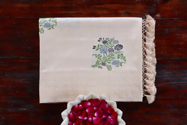 Cream handloom Banarsi saree with guldasta motifs in pure Katan silk