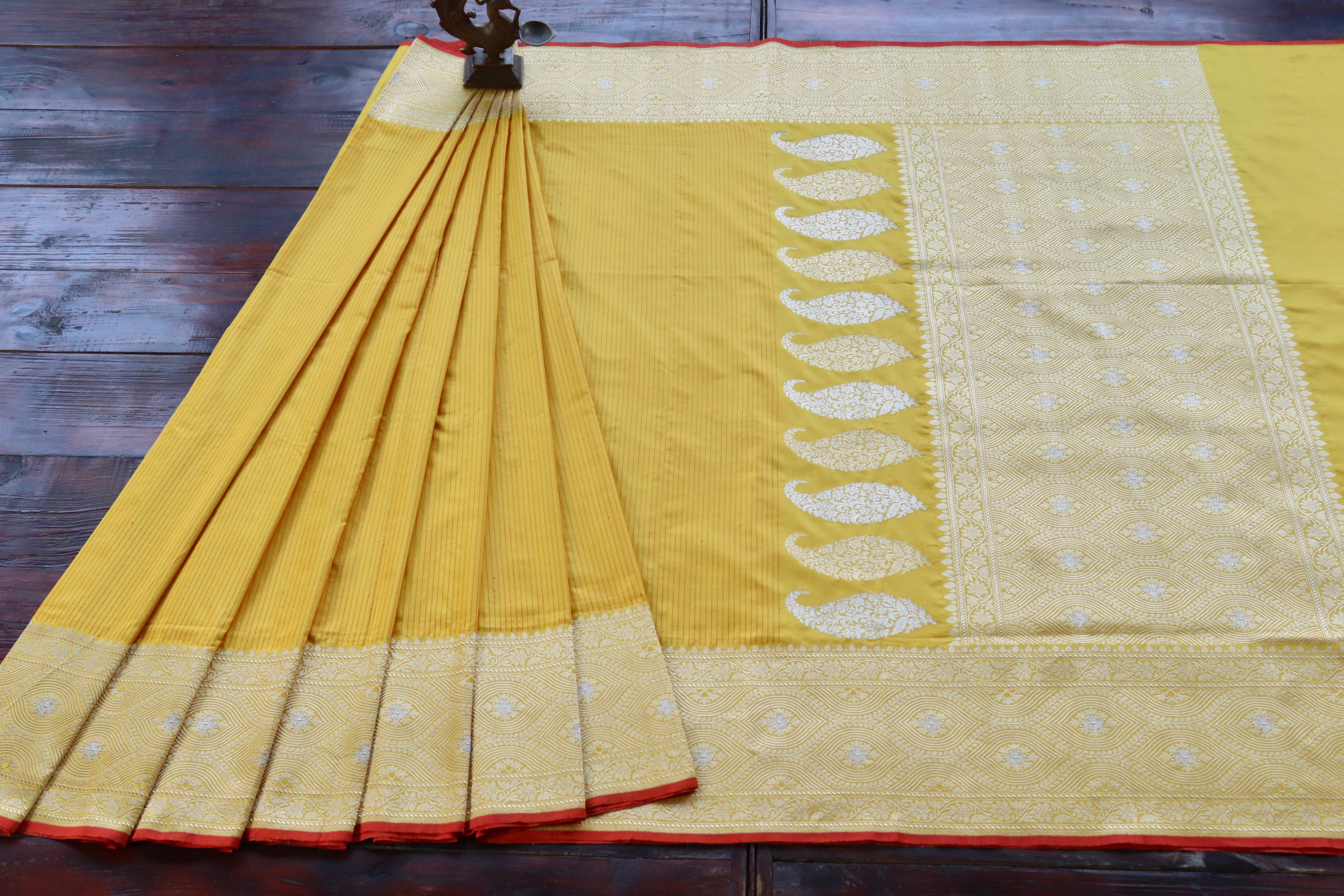 Yellow Check Pure Silk Handloom Banarasi Saree