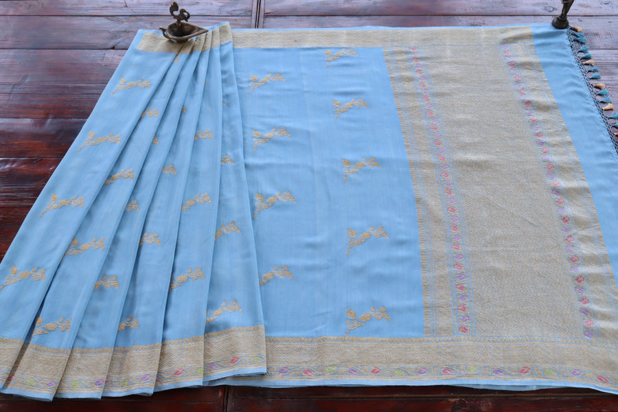 Sky Blue Kadhua Motif Munga Silk Handloom Saree