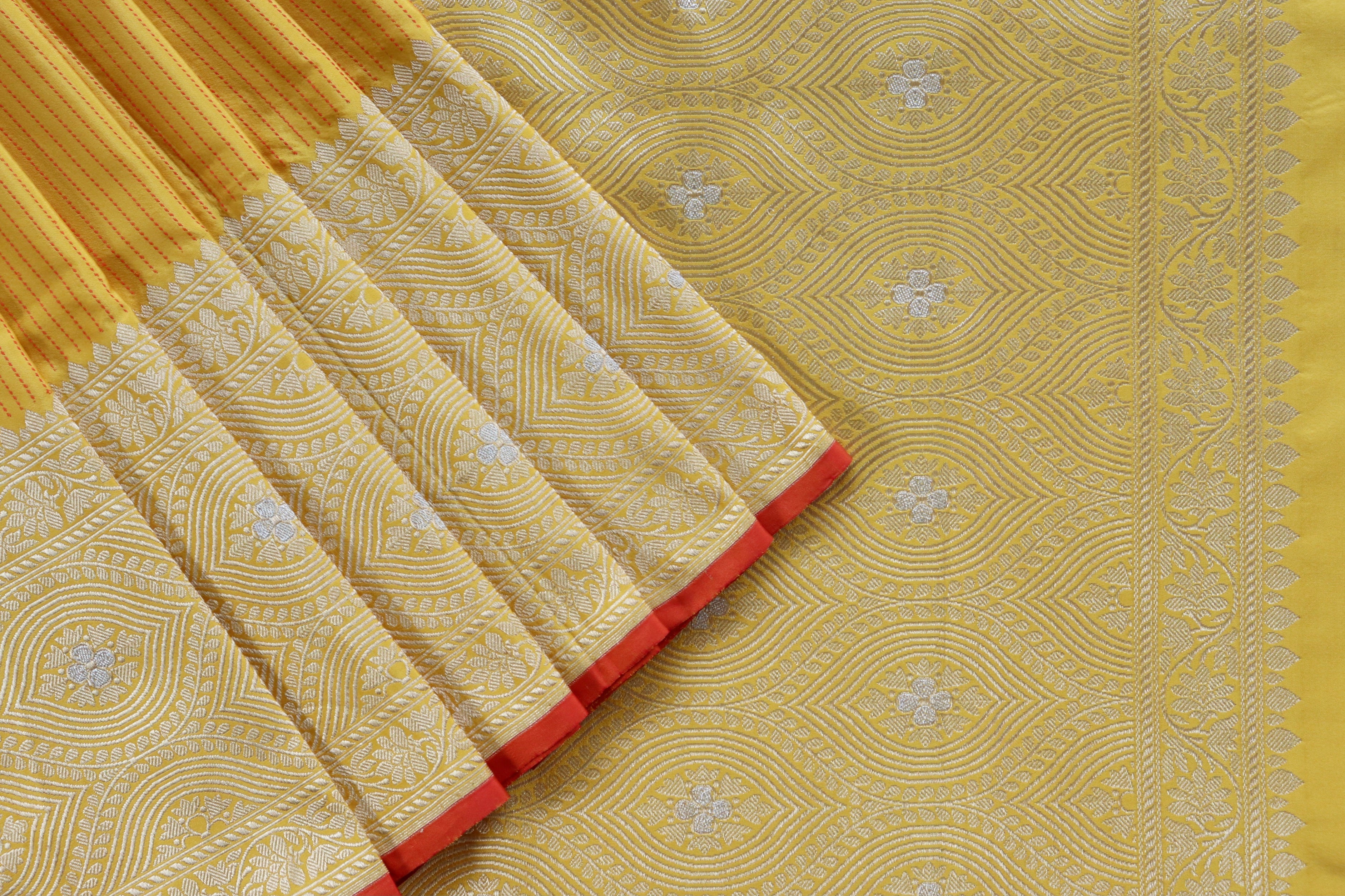 Yellow Check Pure Silk Handloom Banarasi Saree