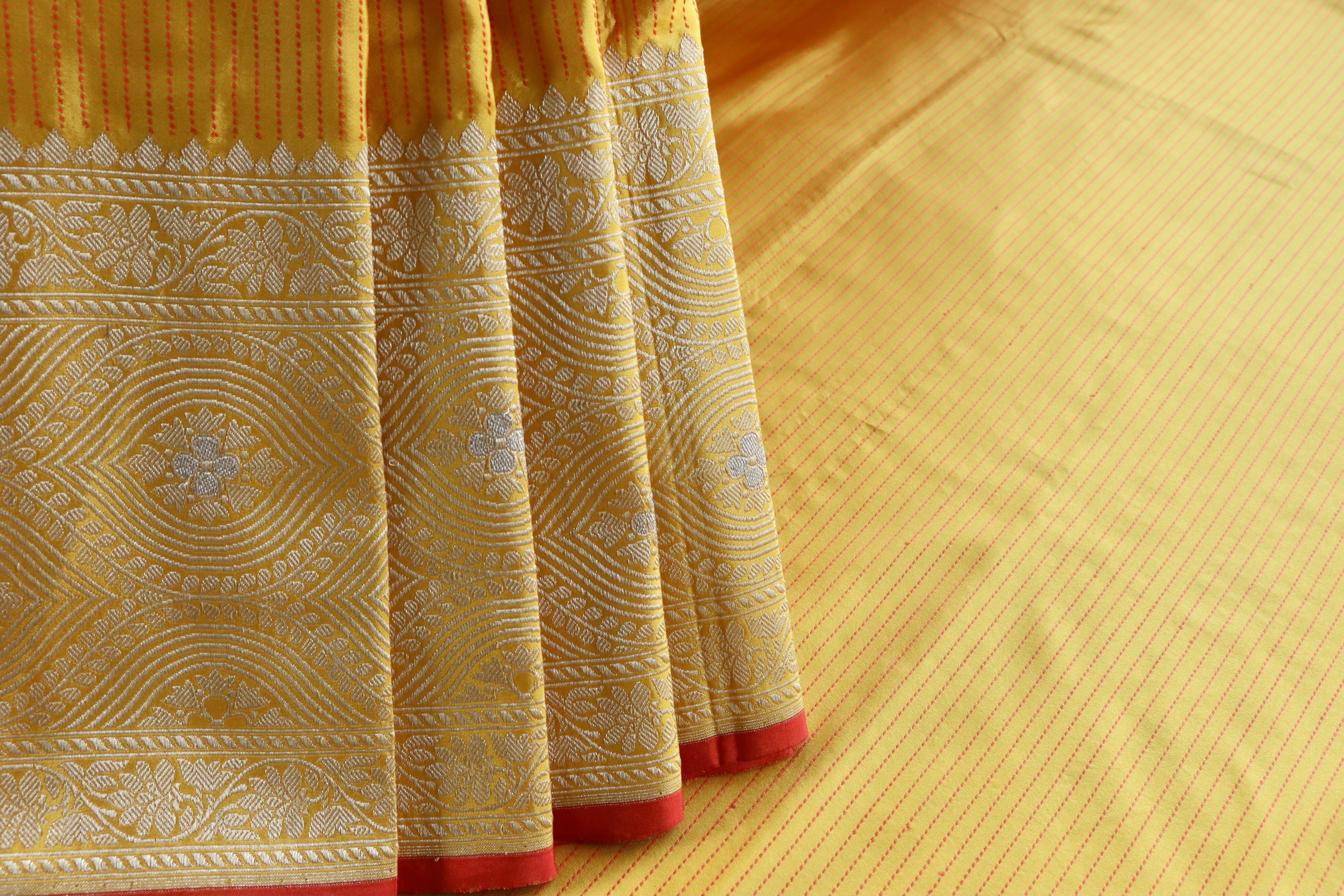 Yellow Check Pure Silk Handloom Banarasi Saree