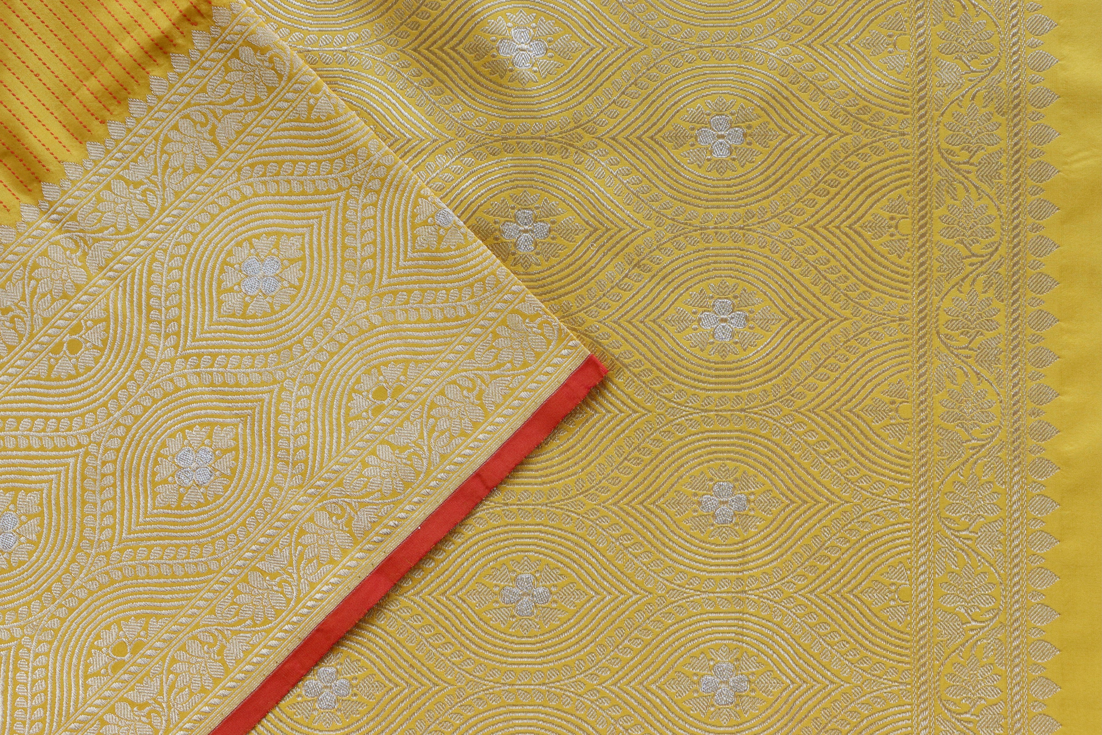 Yellow Check Pure Silk Handloom Banarasi Saree