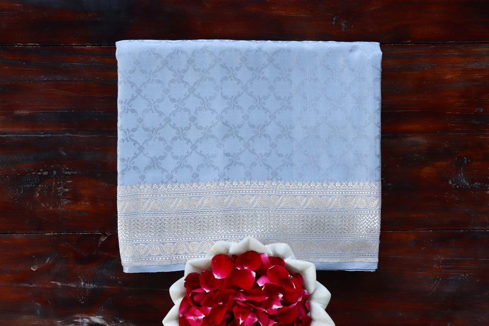 Grey handloom Banarsi saree with tanchoi motifs in silk