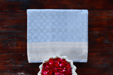 Grey handloom Banarsi saree with tanchoi motifs in silk