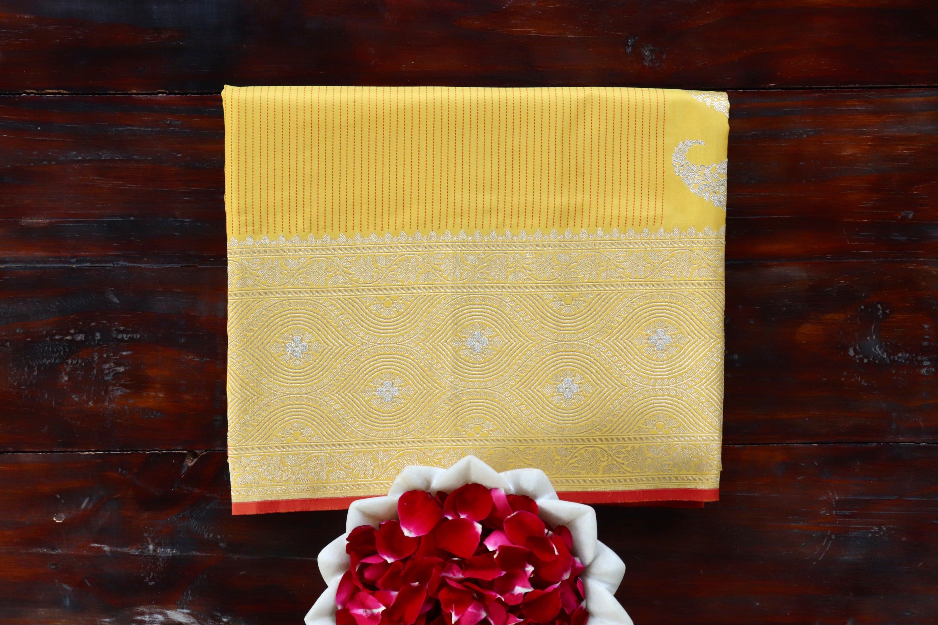 Yellow Check Pure Silk Handloom Banarasi Saree