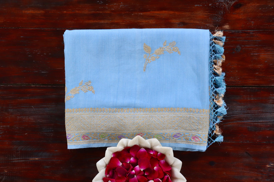 Sky Blue Munga silk Banarasi saree with thread-by-thread motifs, draped for the camera.