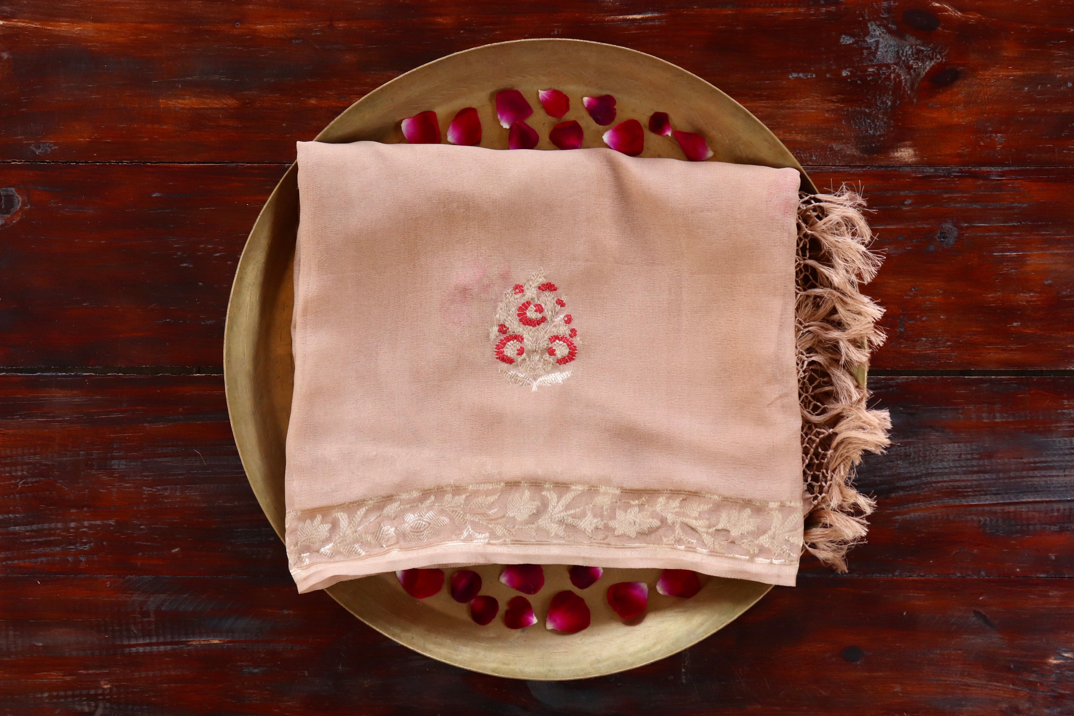 Sandalwood Georgette silk Banarasi dupatta with meenakari motifs in coloured silk and zari.