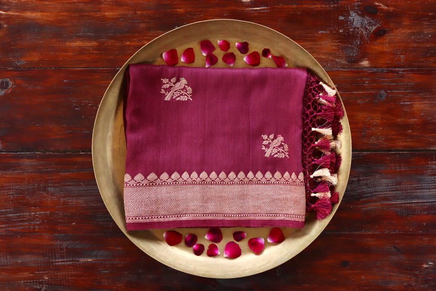 Maroon Munga silk Banarasi dupatta with meenakari motifs in coloured silk and zari.