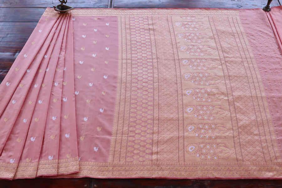 Salmon Pink Peacock Motif Pure Silk Handloom Banarasi Saree