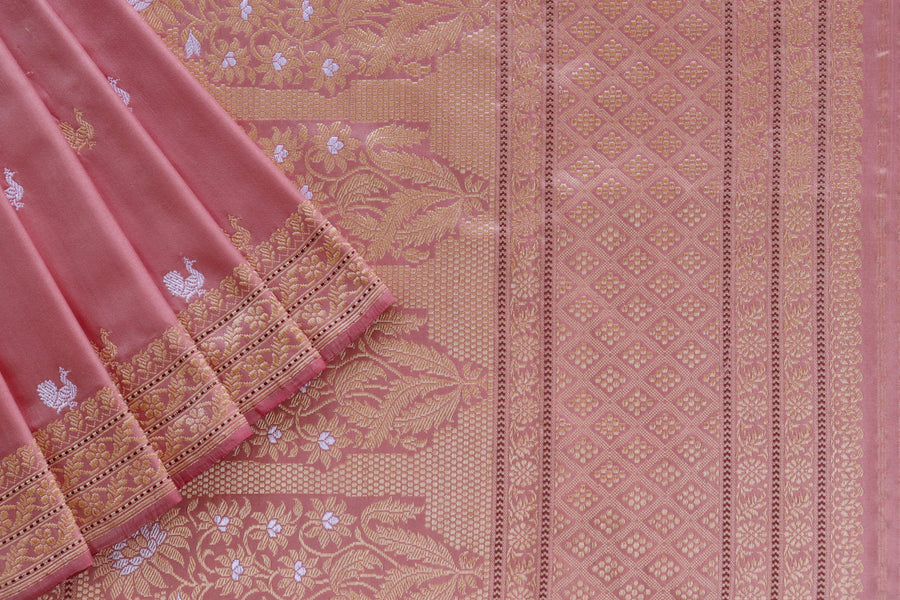 Salmon Pink Peacock Motif Pure Silk Handloom Banarasi Saree