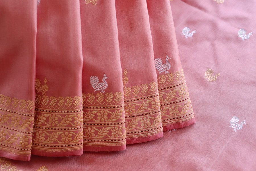 Salmon Pink Peacock Motif Pure Silk Handloom Banarasi Saree