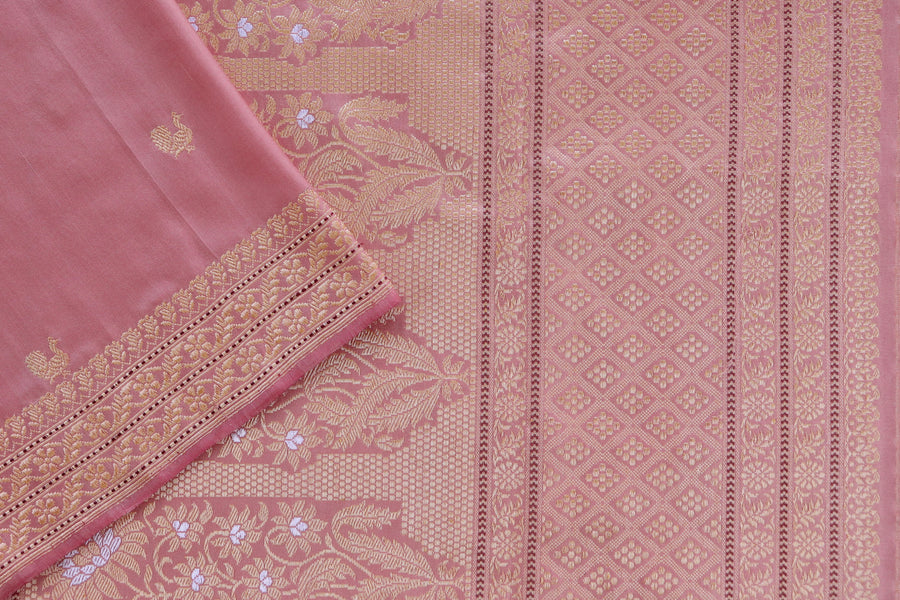 Salmon Pink Peacock Motif Pure Silk Handloom Banarasi Saree