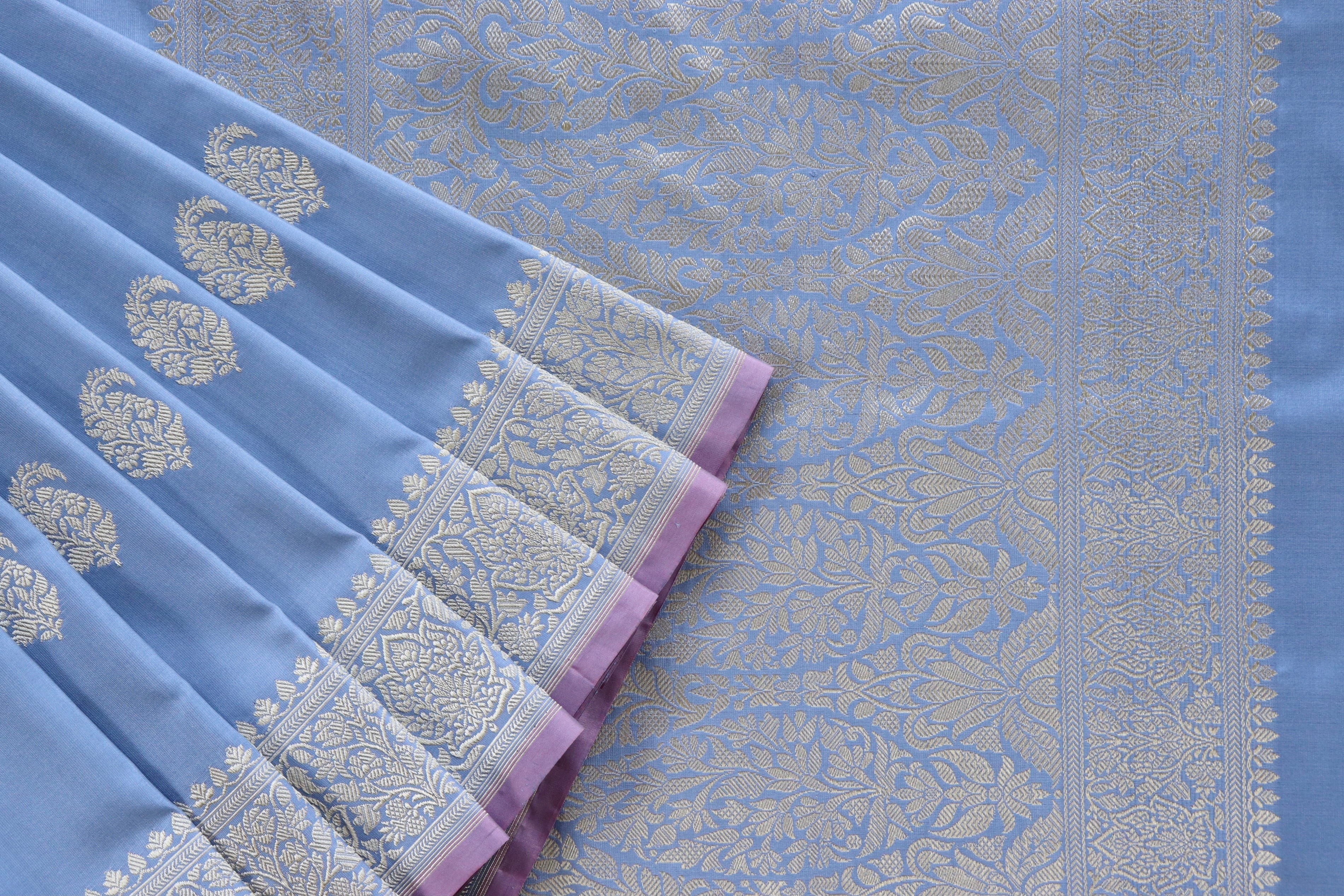 Misty Blue Kairy Motif Pure Silk Handloom Banarasi Saree