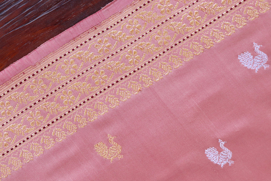 Salmon Pink Peacock Motif Pure Silk Handloom Banarasi Saree