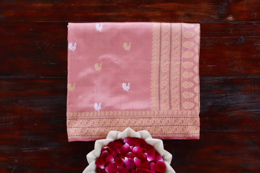 Salmon Pink pure Katan silk Banarasi saree with thread-by-thread motifs, draped for the camera.