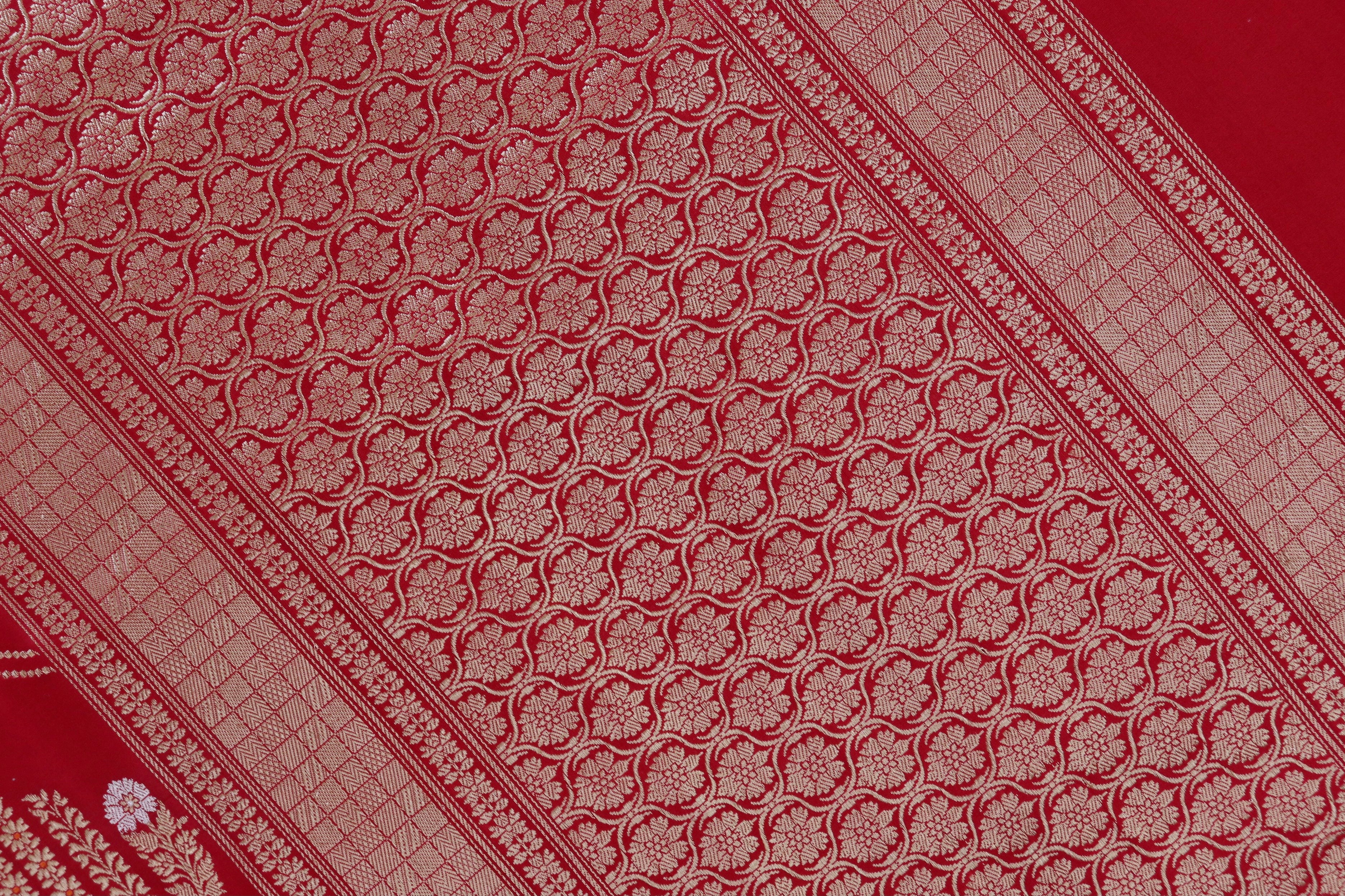 Red Meenadar Pure Silk Handloom Banarasi Jangla Saree