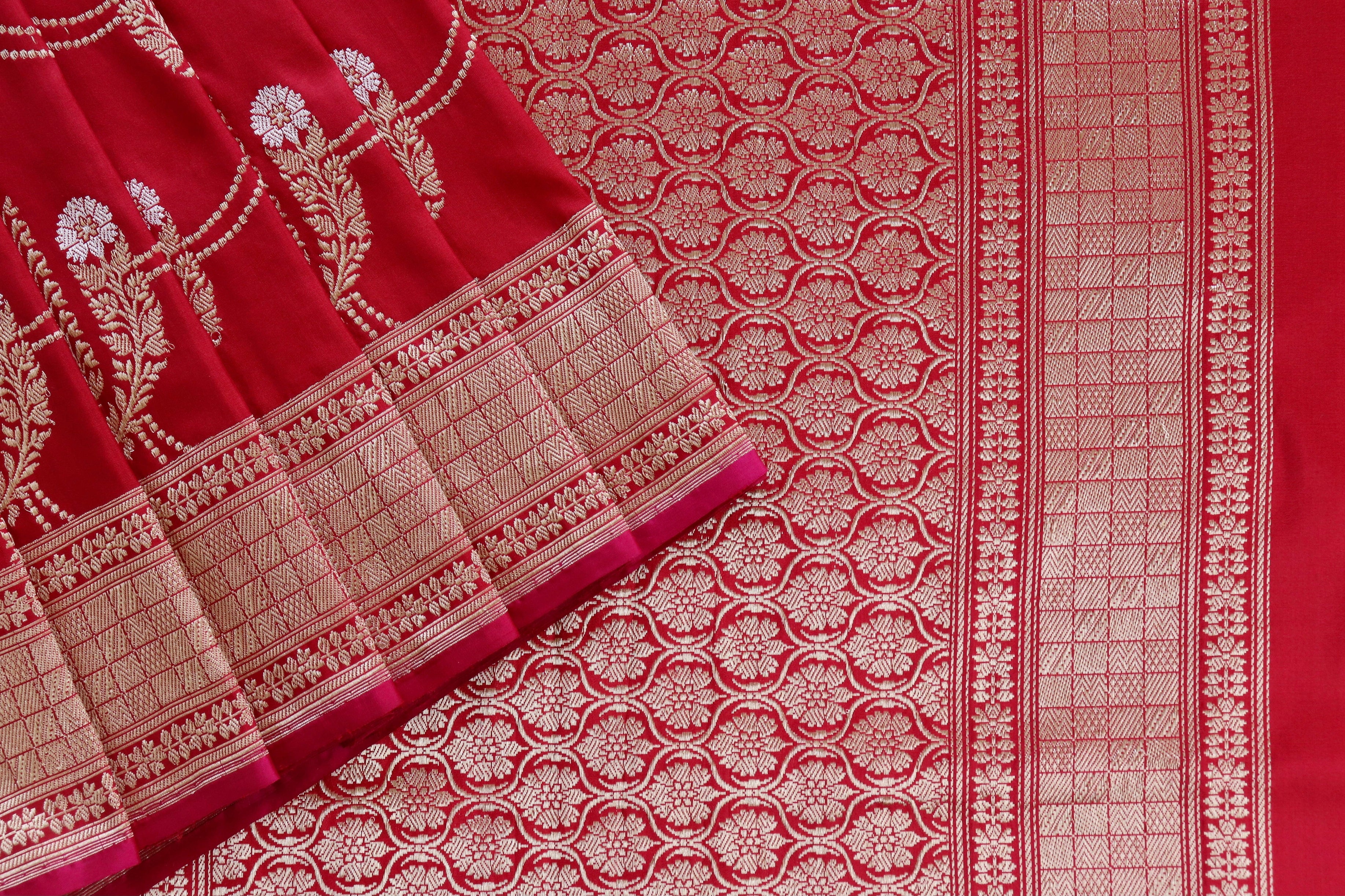 Red Meenadar Pure Silk Handloom Banarasi Jangla Saree