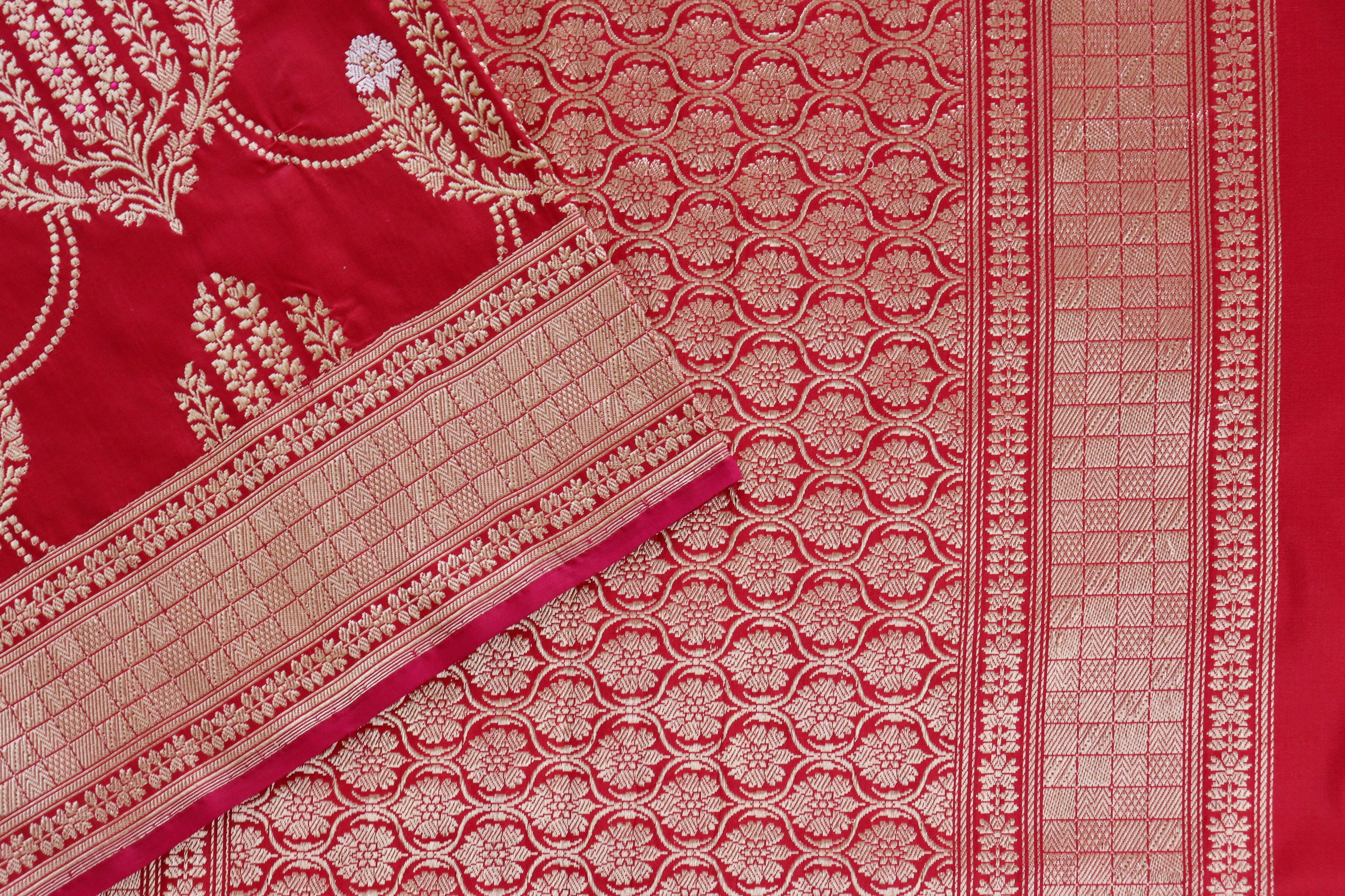 Red Meenadar Pure Silk Handloom Banarasi Jangla Saree