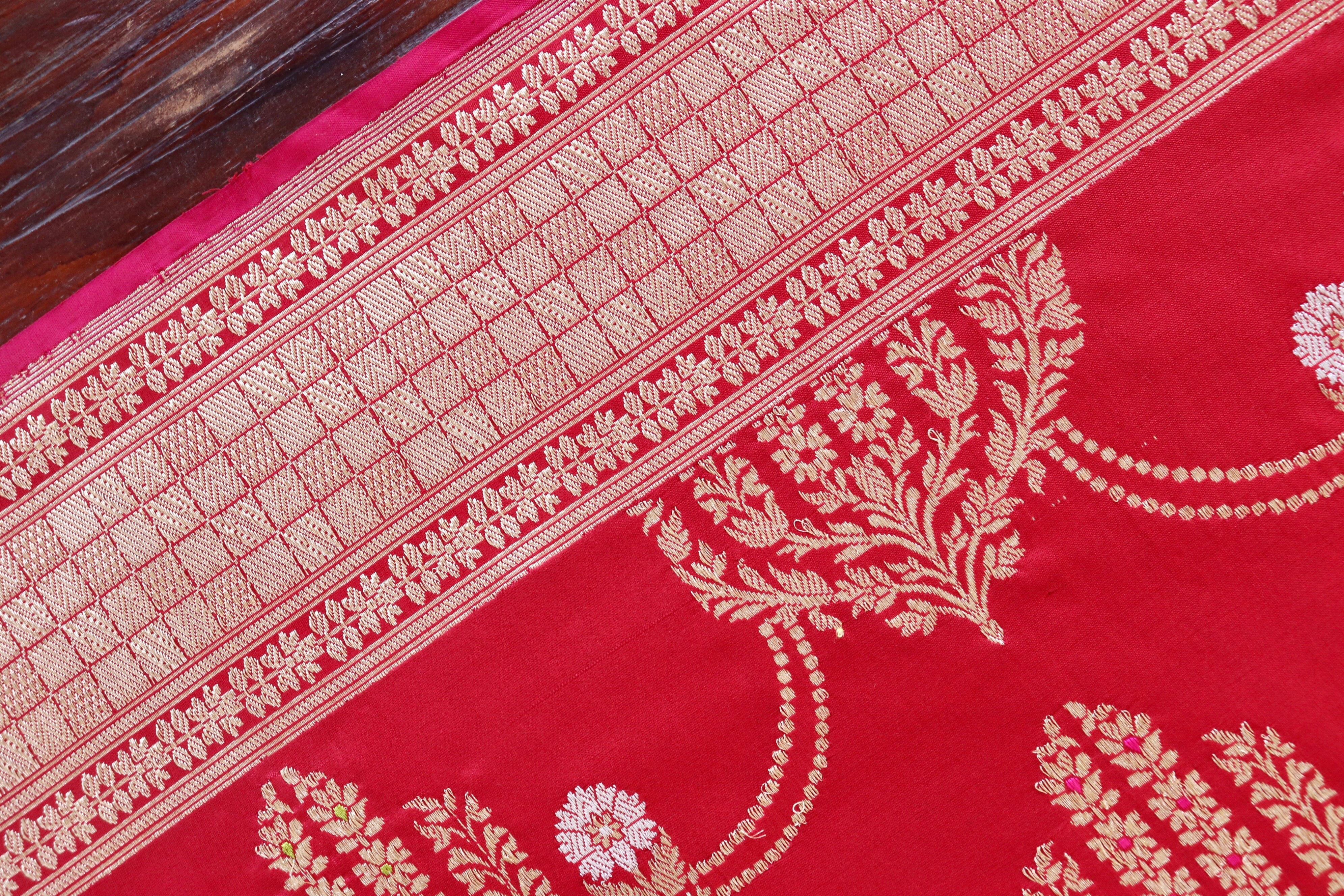 Red Meenadar Pure Silk Handloom Banarasi Jangla Saree