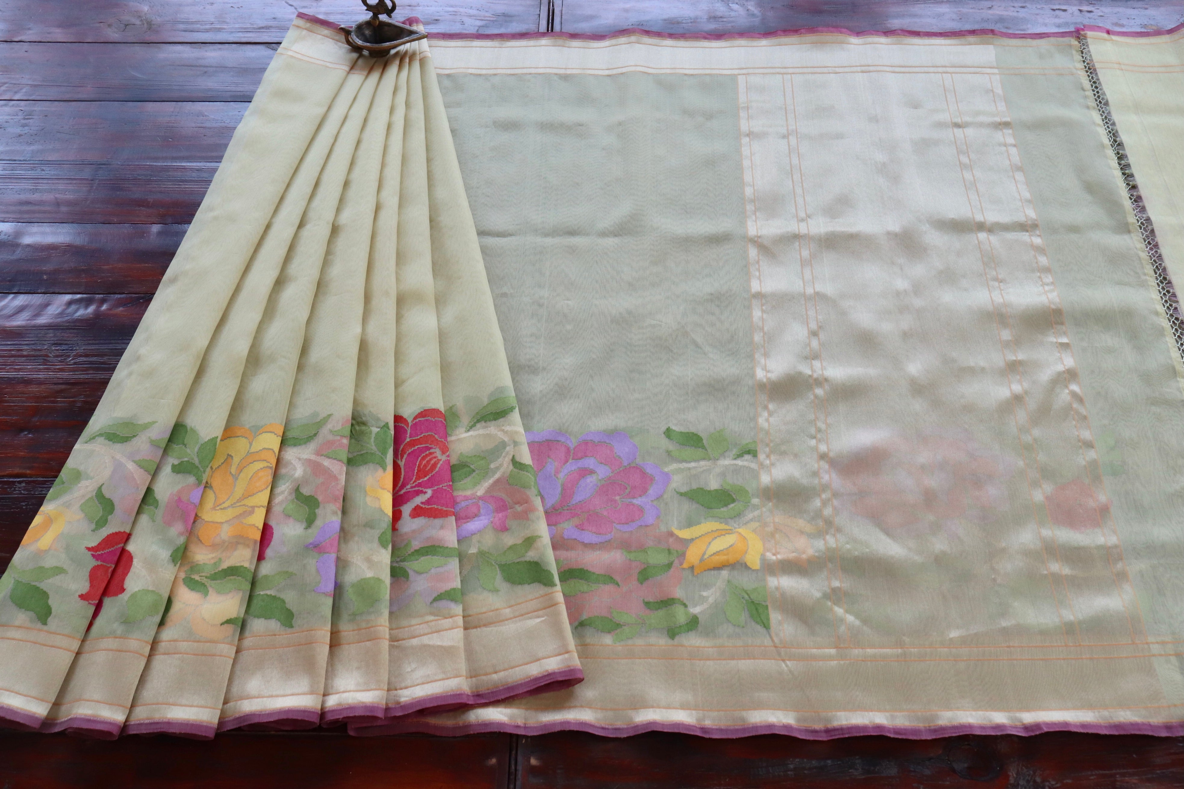 Beige Pure Kora Silk Handloom Banarasi Saree