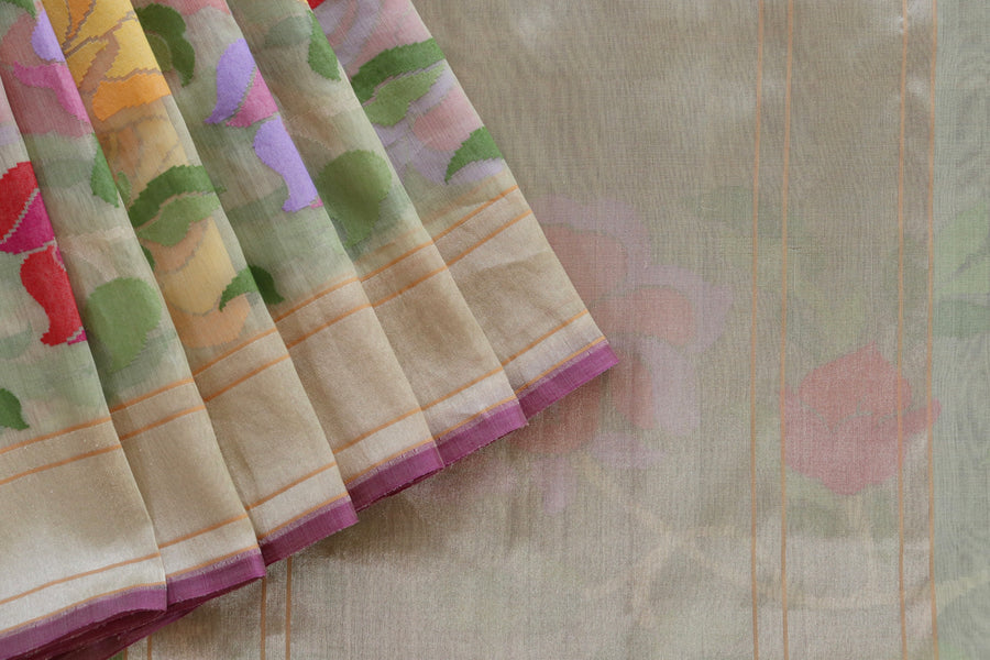 Beige Pure Kora Silk Handloom Banarasi Saree
