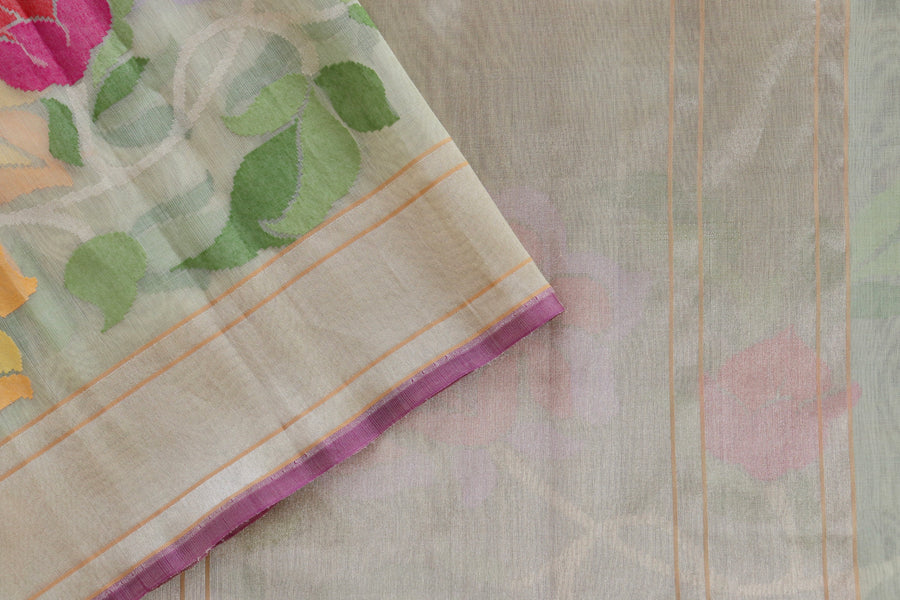 Beige Pure Kora Silk Handloom Banarasi Saree