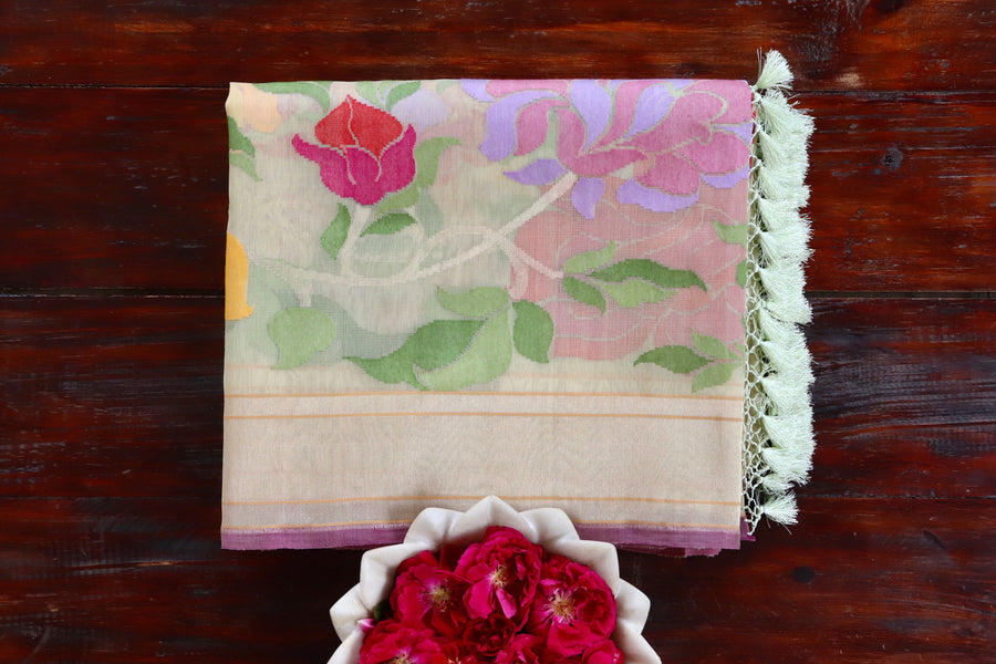 Beige handloom Banarsi saree in pure Kora silk