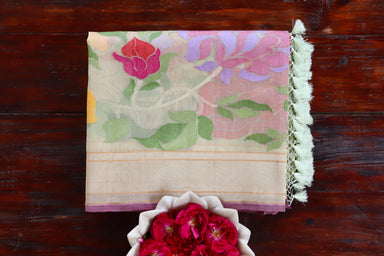 Beige handloom Banarsi saree in pure Kora silk