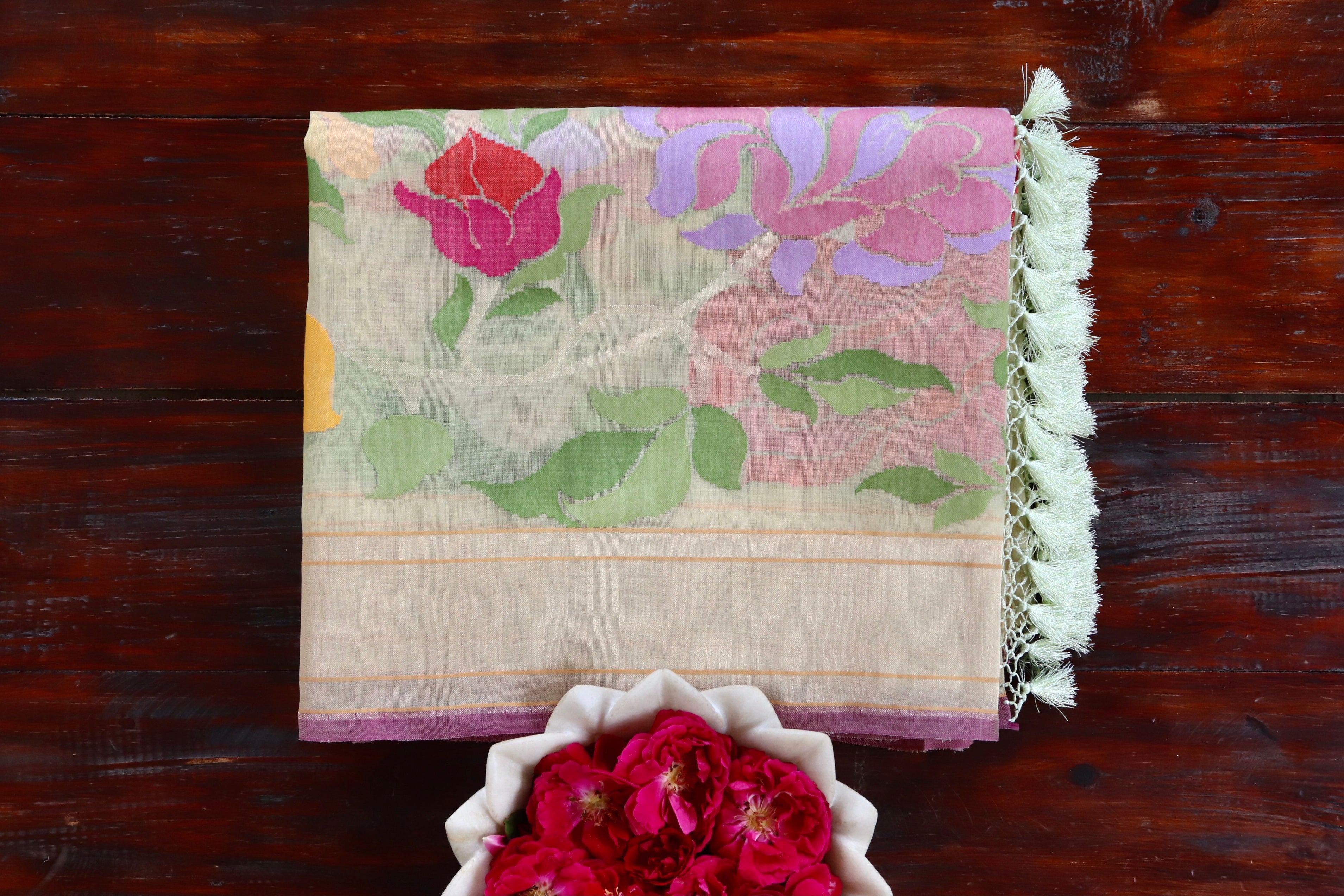 Beige Pure Kora Silk Handloom Banarasi Saree