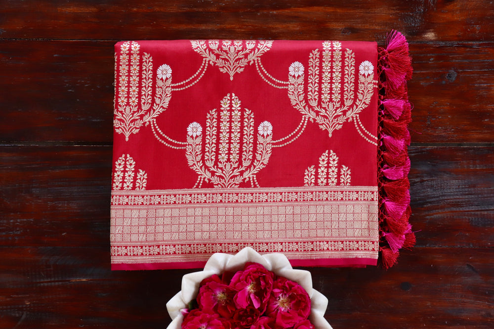 Red handloom Banarsi saree with jangla motifs in pure silk
