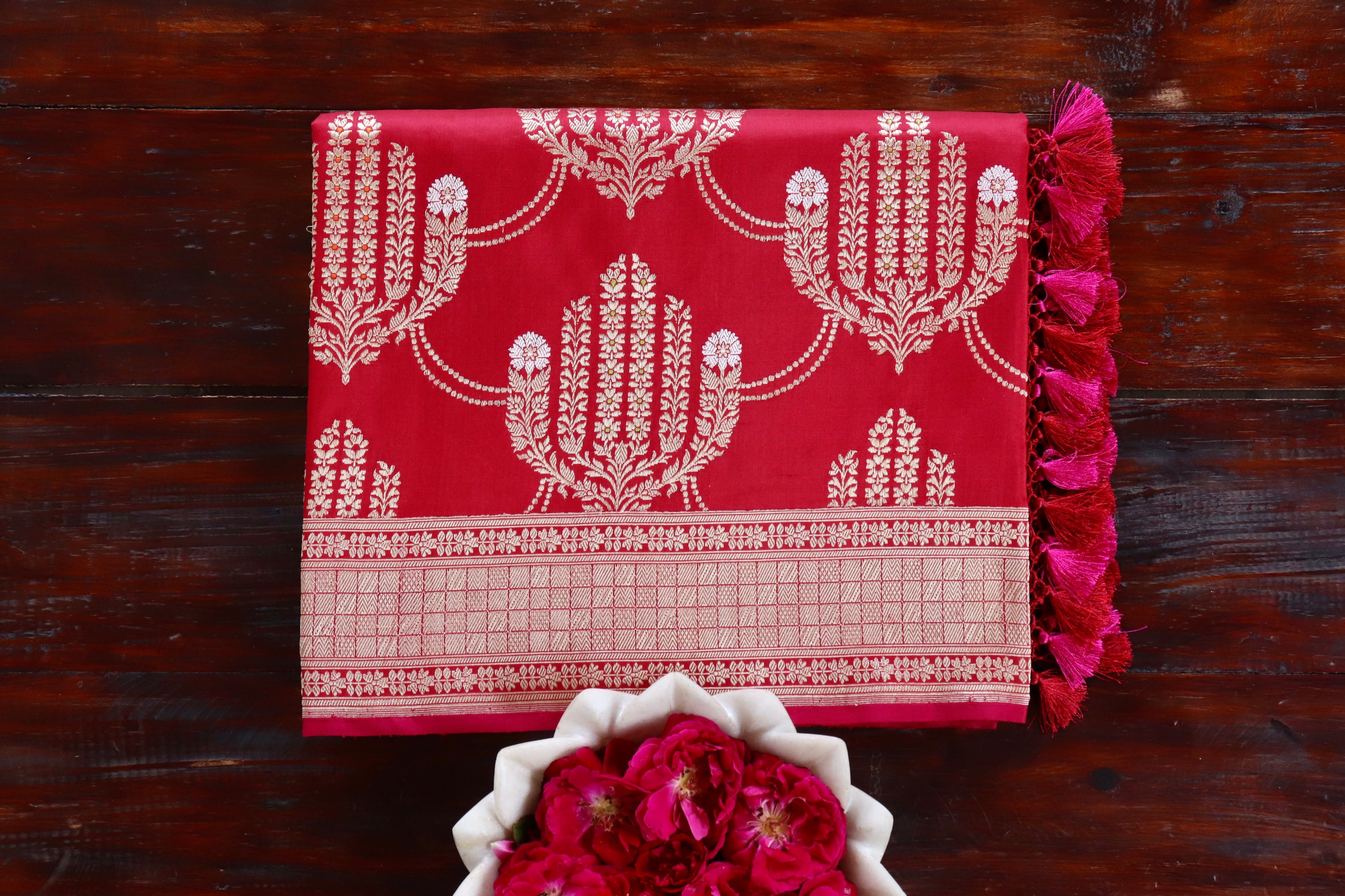 Red Meenadar Pure Silk Handloom Banarasi Jangla Saree