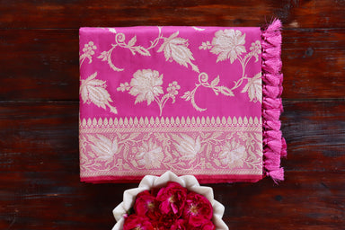 Pink handloom Banarsi saree with jangla motifs in pure silk