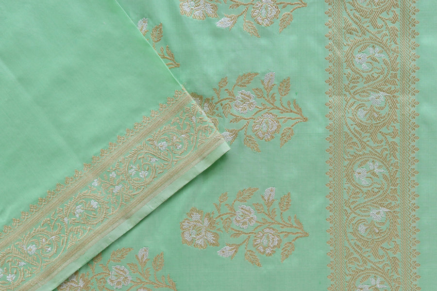 Full drape of Mint Sona Rupa pure silk Banarasi saree