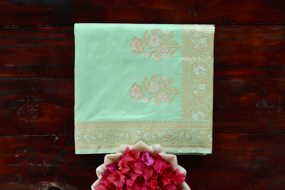 Mint handloom Banarsi saree with sona rupa motifs in pure silk