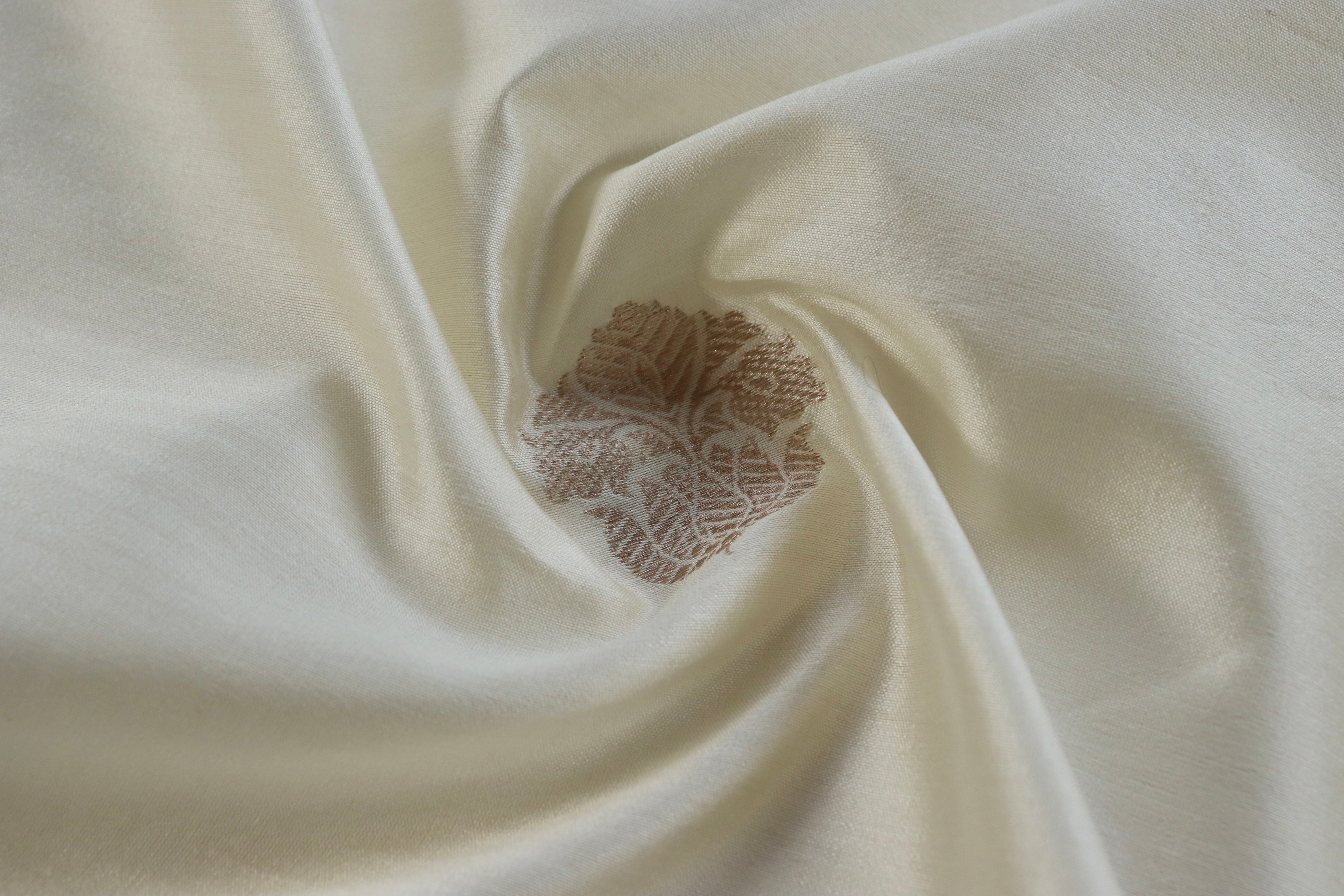 White Floral Motif Silk By Cotton Handloom Fabric Thaan