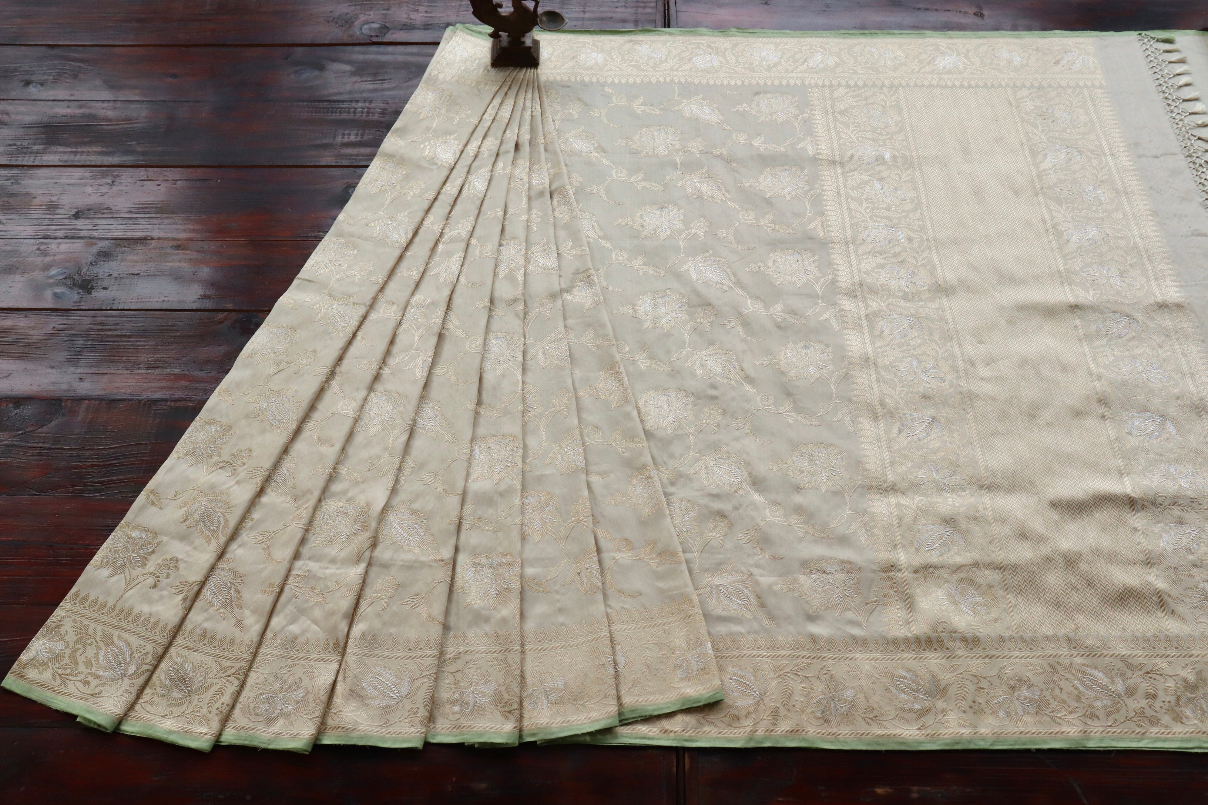 Ivory Chinar Jangla Pure Silk Handloom Banarasi Saree