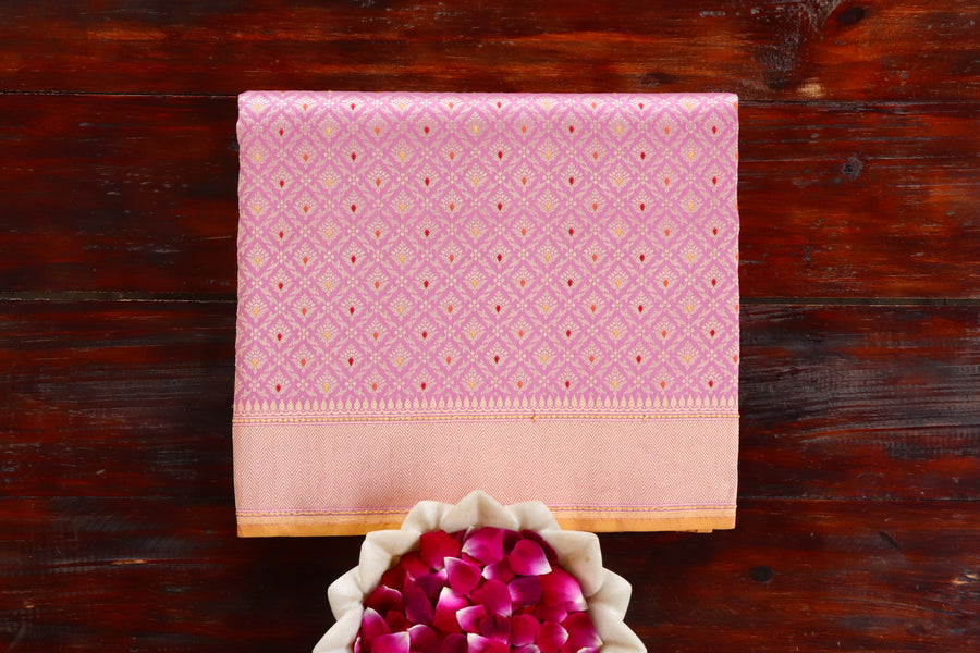 Pink handloom Banarsi saree with tanchoi motifs in pure silk