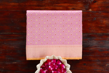 Pink handloom Banarsi saree with tanchoi motifs in pure silk