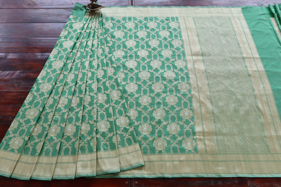Green Chinar Jangla Pure Silk Handloom Banarasi Saree