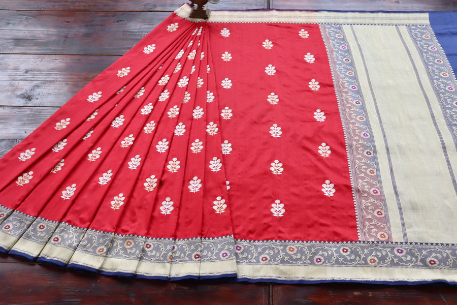 Border close-up on Bright Red & Blue Sona Rupa saree
