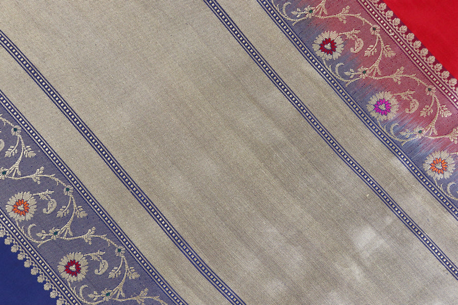 Colour close-up of Bright Red & Blue Sona Rupa saree