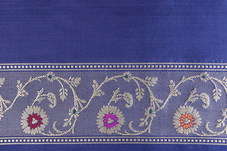 Sona Rupa gold-silver zari motif on Bright Red & Blue saree