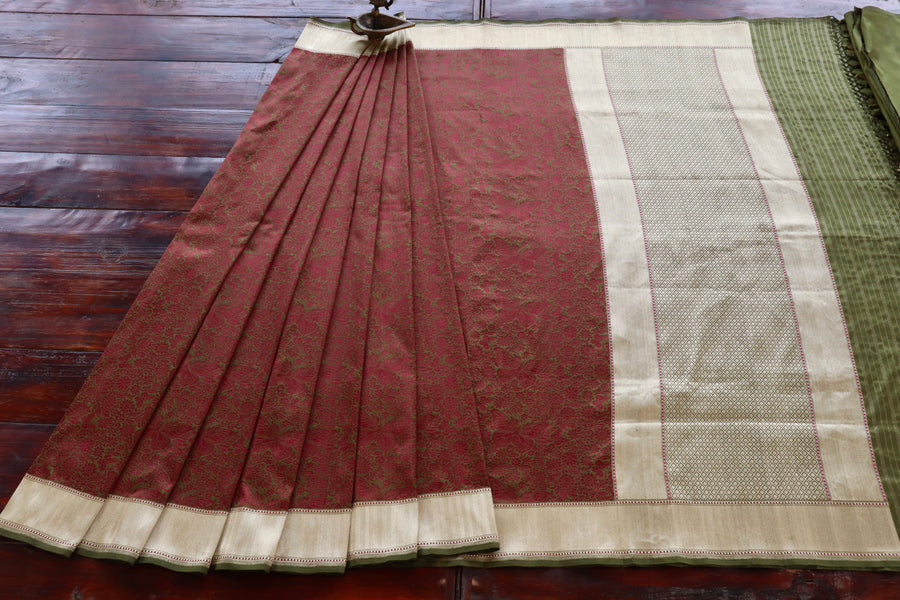 Maroon & Green Butterfly Resham Handwoven Banarasi Tanchoi Silk Saree