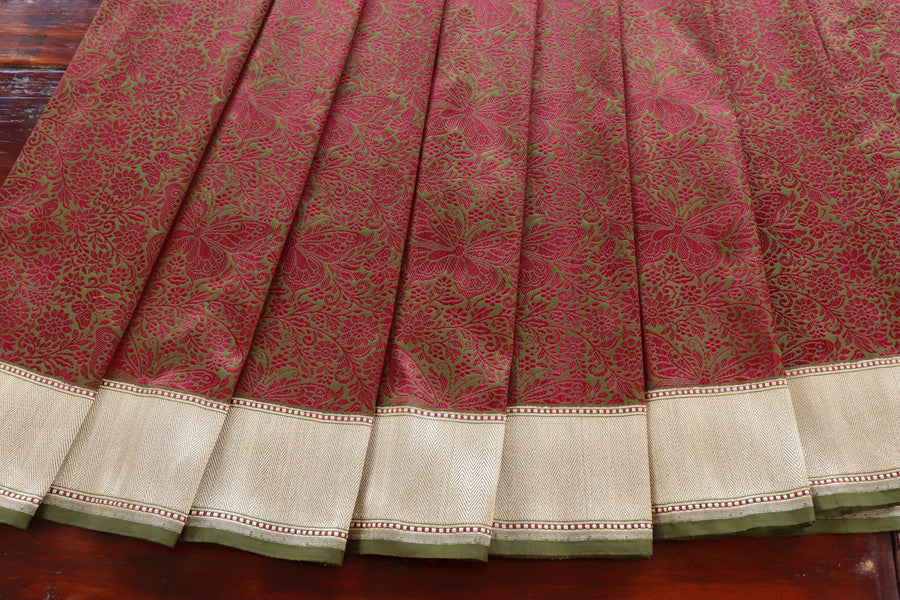 Maroon & Green Butterfly Resham Handwoven Banarasi Tanchoi Silk Saree