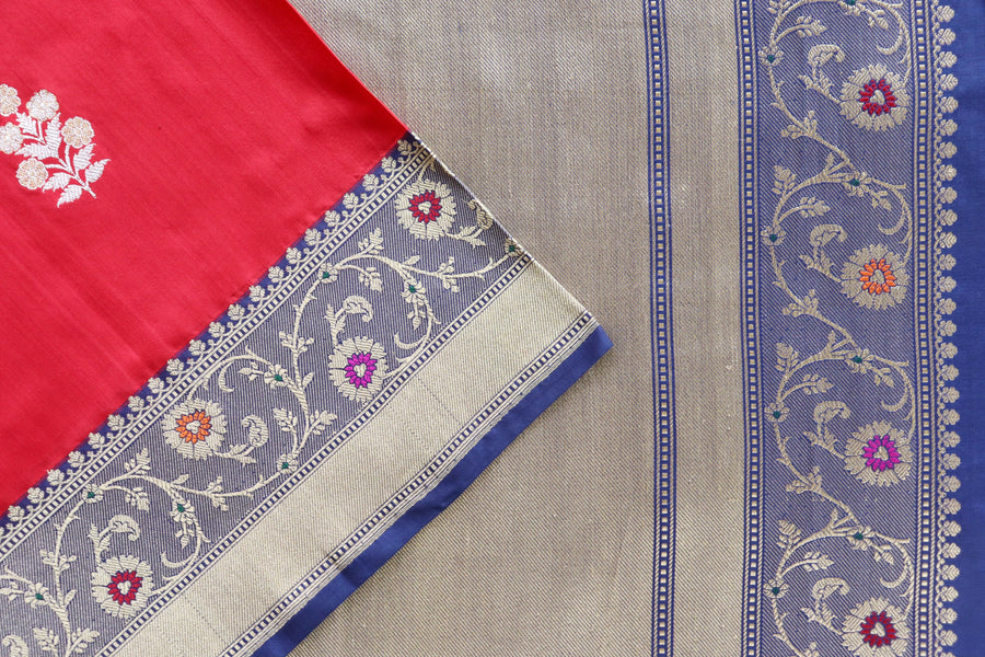 Full drape of Bright Red & Blue Sona Rupa pure silk Banarasi saree