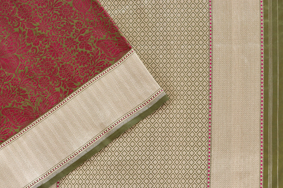 Maroon & Green Butterfly Resham Handwoven Banarasi Tanchoi Silk Saree