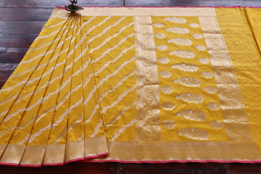 Yellow Aada Jangla Pure Katan Silk Banarasi Saree