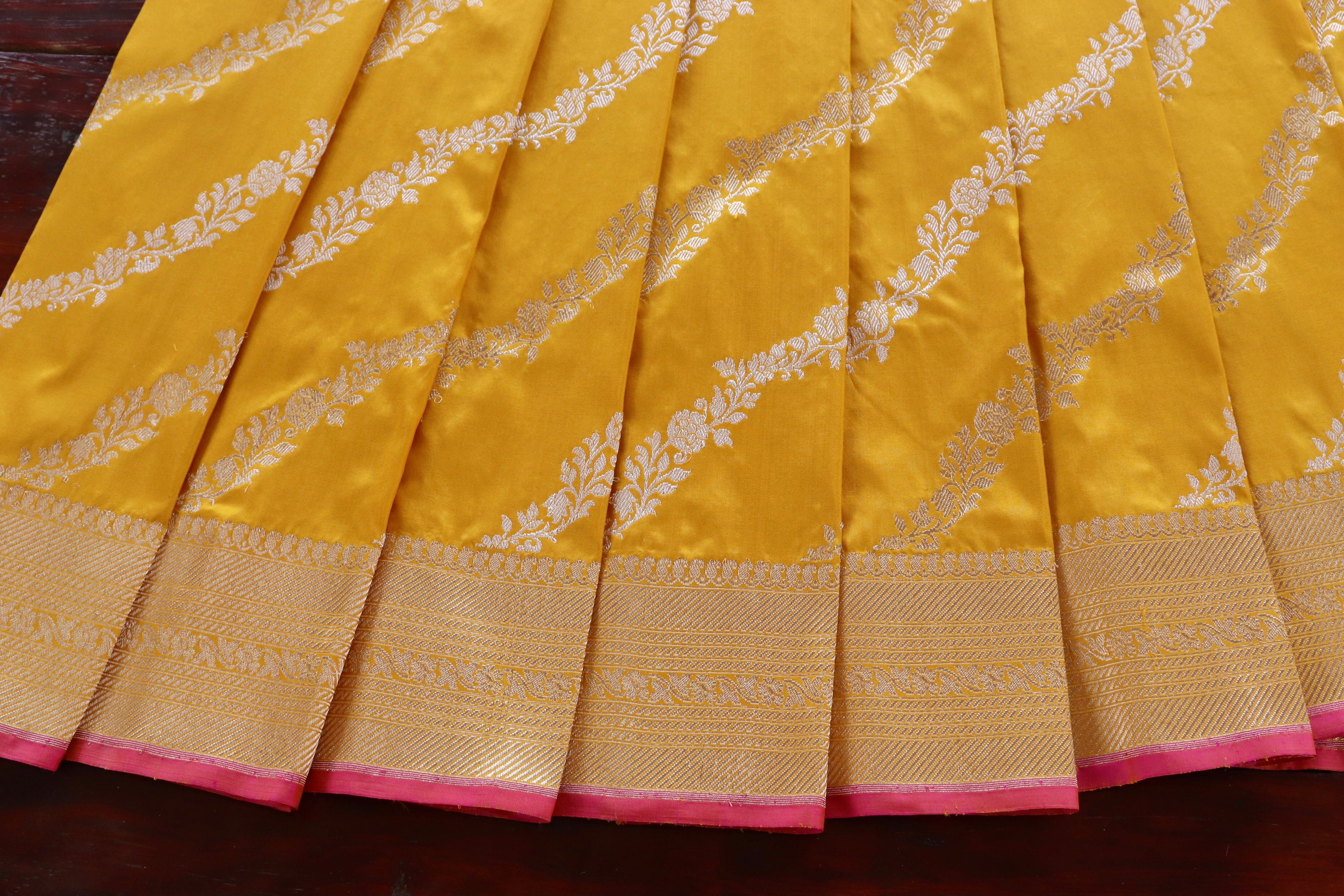 Yellow Aada Jangla Pure Katan Silk Banarasi Saree