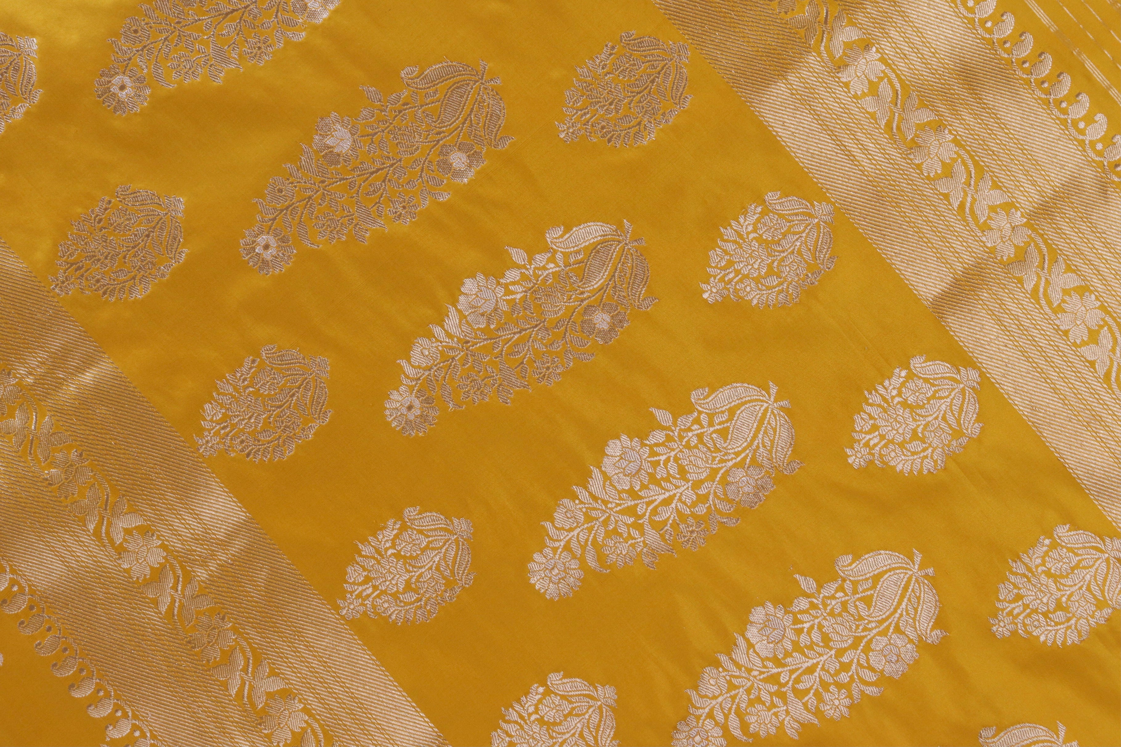 Yellow Aada Jangla Pure Katan Silk Banarasi Saree